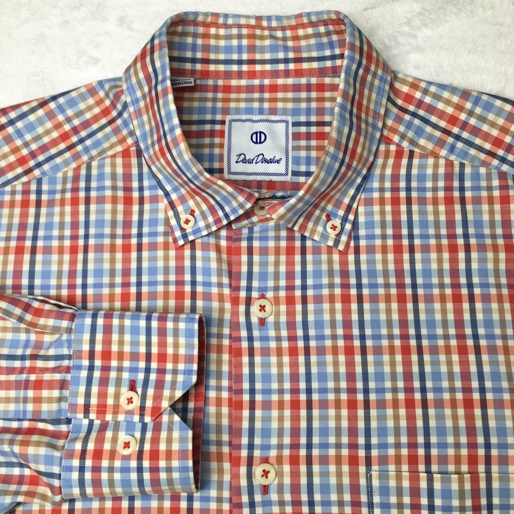 David Donahue Dress Shirt‎ Mens Large Multicolor Check Long Sleeves